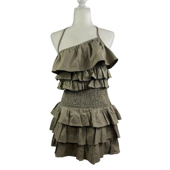 Tularosa Rory Linen Blend Mini Dress Medium Ruffled Smocked Backless Tie Neck - Picture 13 of 15